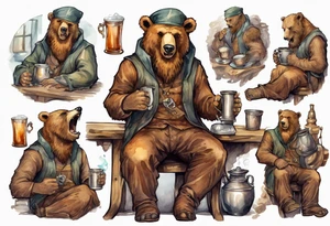 a bear-human hybrid with a long beard wearing a tunic and Phrygian cap and drinking from a pewter mug in a tavern, sitting in a chair, laughing tattoo idea