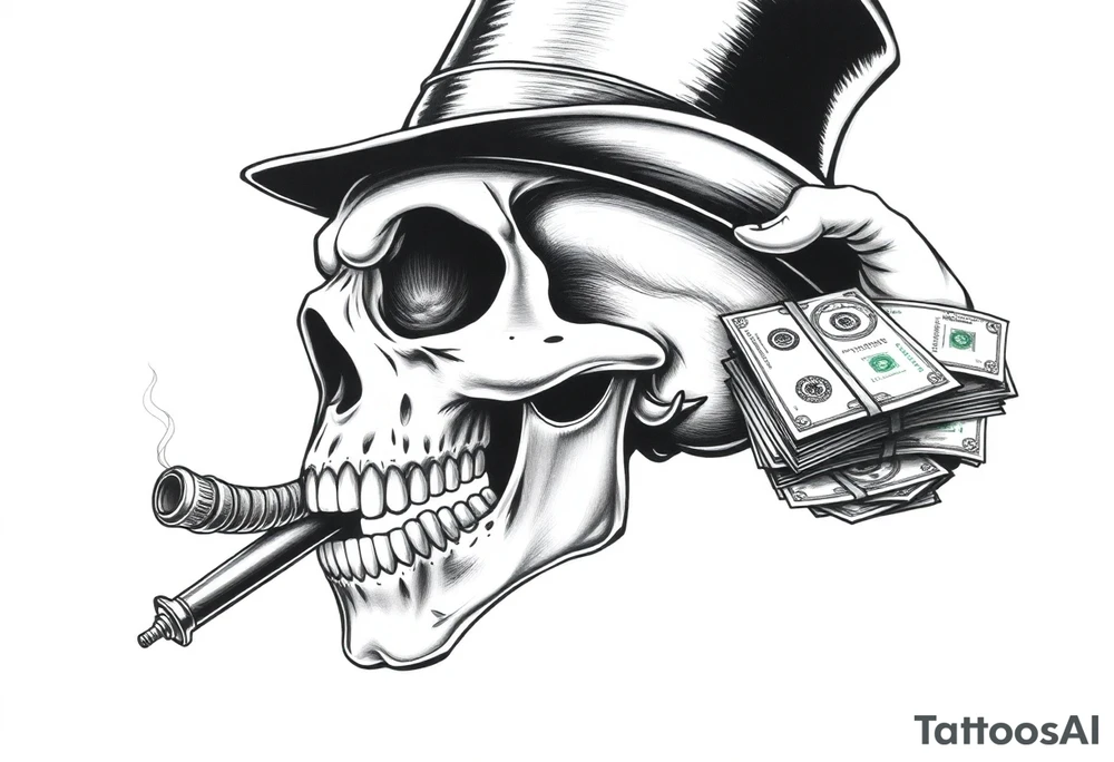 skull with mustache,a big cigar in his mouth,a top-hat on his head and alot of money in a hand. tattoo idea