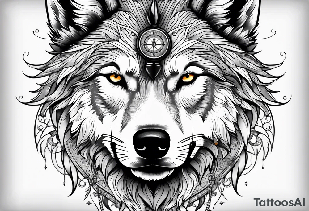 Wolf face over toddle face with compass tattoo idea