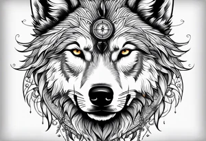 Wolf face over toddle face with compass tattoo idea