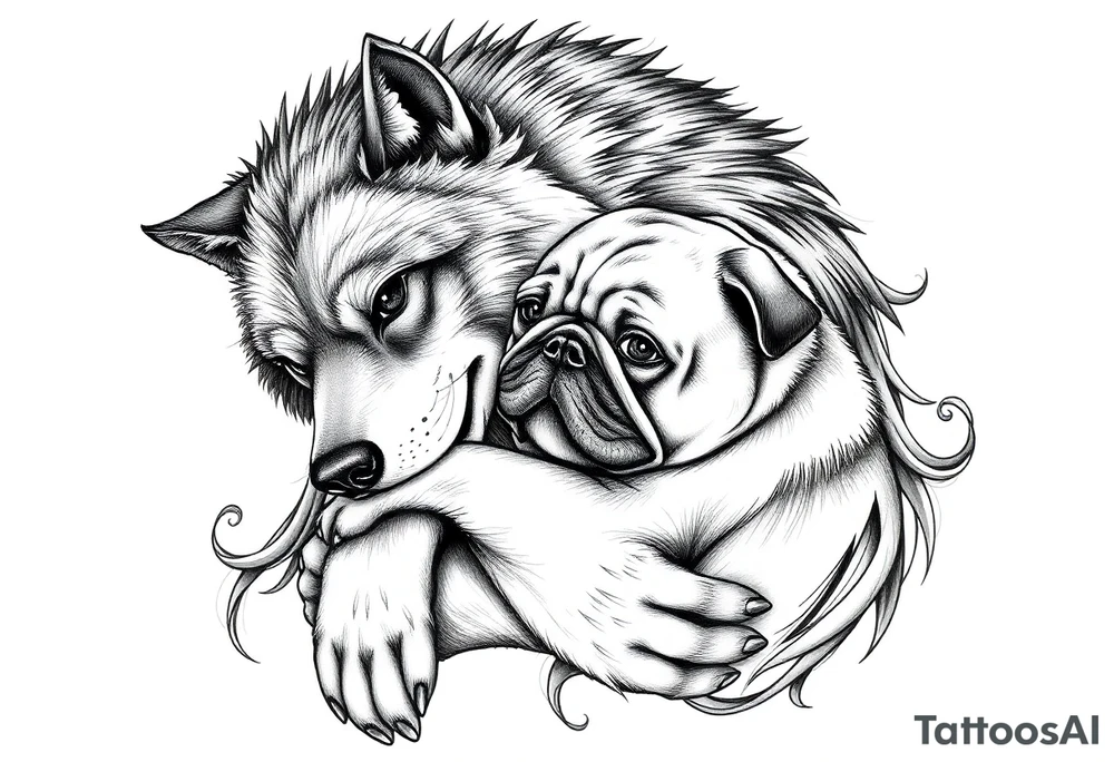 Big bad wolf hugging and pugfing tattoo idea