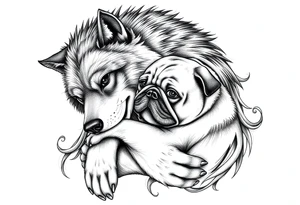 Big bad wolf hugging and pugfing tattoo idea