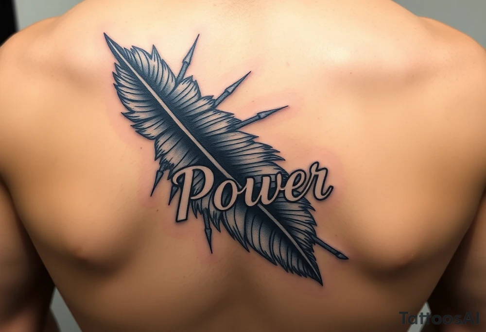 A stormy grey feather with silver lightning streaks, carrying the word "Power", symbolizing the strength of unity tattoo idea