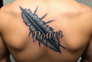 A stormy grey feather with silver lightning streaks, carrying the word "Power", symbolizing the strength of unity tattoo idea