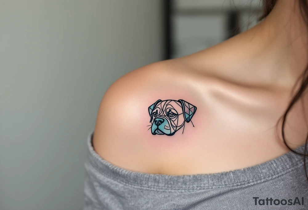Geometric Stafford – A stylized Stafford dog head formed with black fine-line geometric shapes, with subtle shading in gray and muted teal. tattoo idea