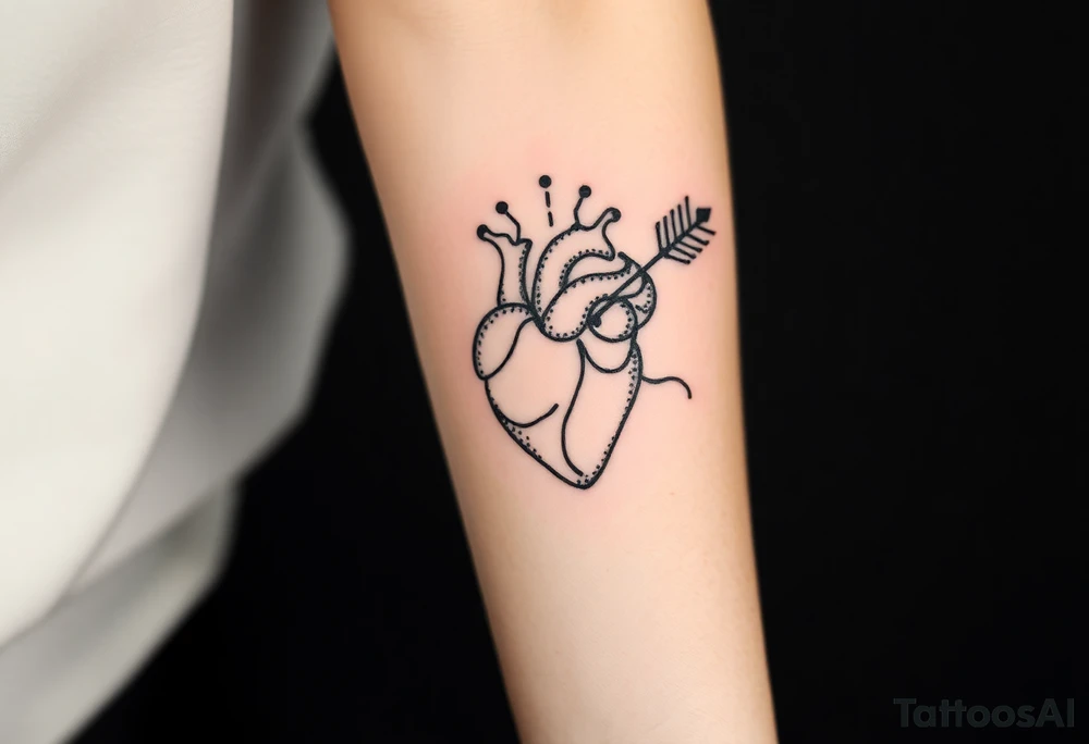 anatomical heart pierced by ornate arrow with flowing ribbons tattoo idea