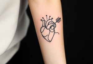 anatomical heart pierced by ornate arrow with flowing ribbons tattoo idea