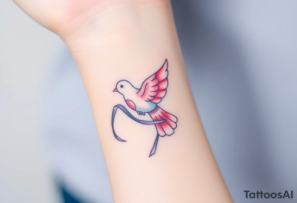 A ring dove with a flowing ribbon wrapped around its neck, in light pastel colors like lavender and pale pink, symbolizing connection and fidelity tattoo idea