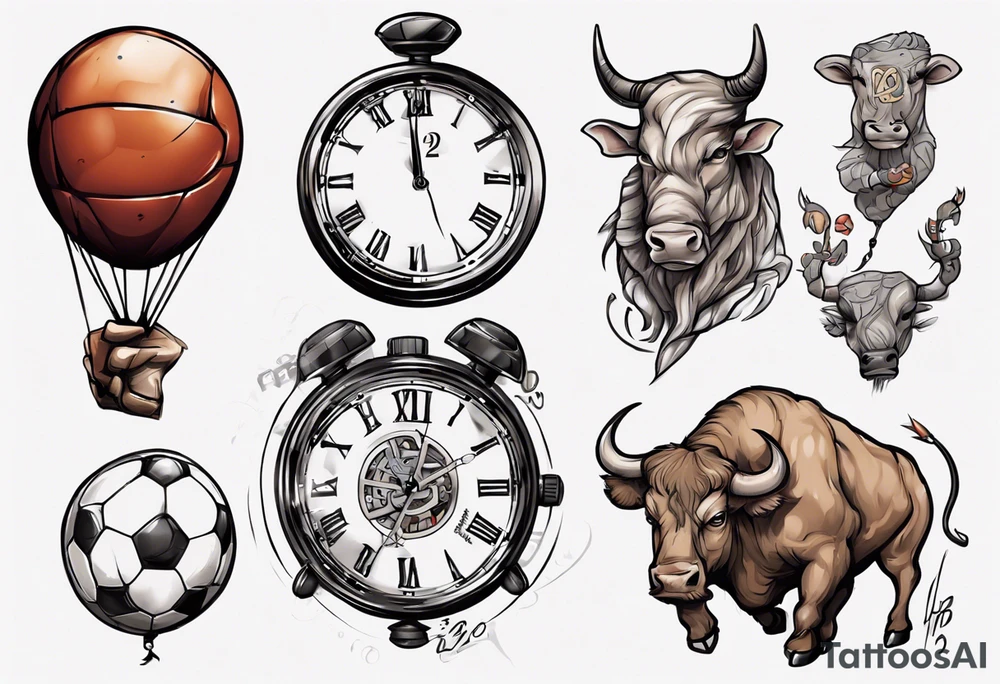 Une horloge avec le numéro 23 dedans , avec un taureau et un ballon de foot tattoo idea