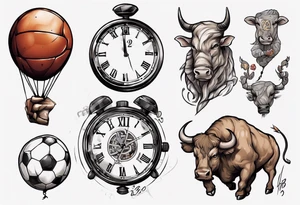 Une horloge avec le numéro 23 dedans , avec un taureau et un ballon de foot tattoo idea