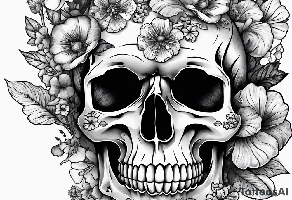 A skull covered in mushrooms and flowers tattoo idea