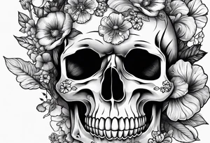 A skull covered in mushrooms and flowers tattoo idea