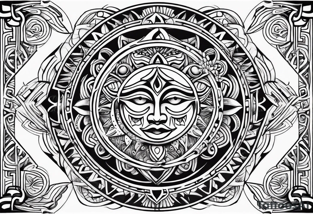 Polynesian tribal tattoo with sun, moon and eyes tattoo idea