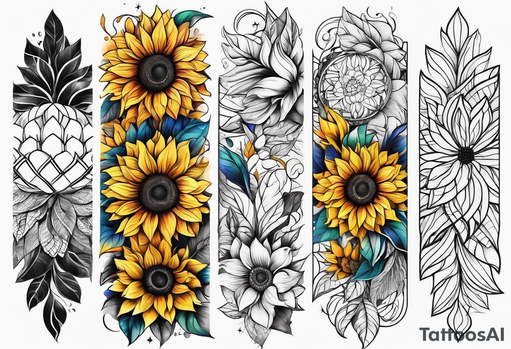 Colorful sunflower arm sleeve tattoo idea