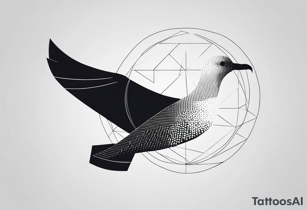 Black and white silhouette illustration of a sideview albatross flying, composed of geometric shapes such as circles, lines, and polygons. The albatross is designed with clean, sharp angles and flowing curves, representing its wings and body in a minimalist, geometric style. Surrounding the bird are intricate geometric patterns, including concentric circles, sharp lines, and angular polygons. Cybernetic or mechanical accents are incorporated into the design, resembling digital grids or circuits, seamlessly integrated into the albatross's silhouette. The overall style is fine line, using only black and gray ink to maintain a sleek, modern aesthetic. tattoo idea