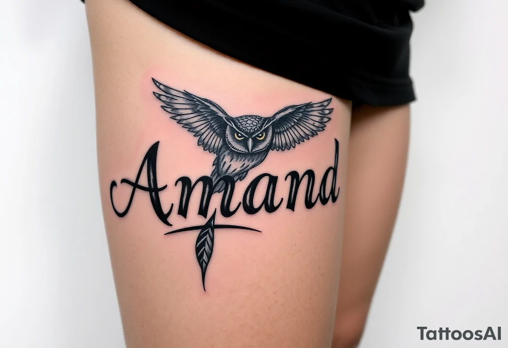 Amanda name with deathly hallows and Hedwick owl tattoo idea
