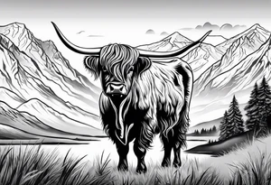 Highland cow with highland mountains tattoo idea