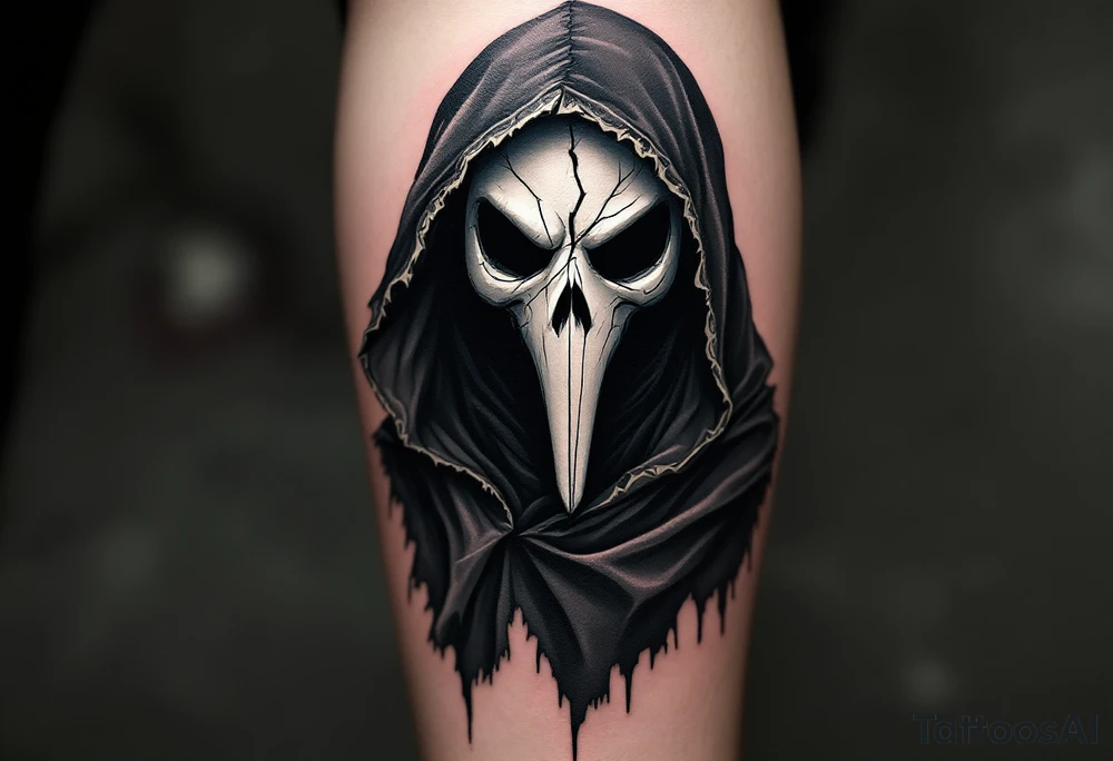 Plague Doctor with Broken Mask – A sinister plague doctor with tipical mask and a fractured porcelain-white mask, revealing hollow darkness beneath. The robes are dark gray with frayed edges, giving the figure an eerie, ghostly presence. tattoo idea