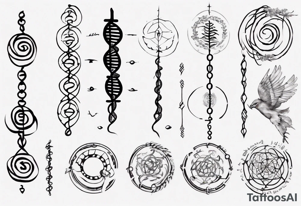 Create a tattoo that visually represents my life journey and the evolution of mindfulness. Consider life as a DNA chain, where each link symbolizes key moments of my development and consciousness. Allow the images to change and transform, reflecting the evolution of my perception and self-understanding over time tattoo idea