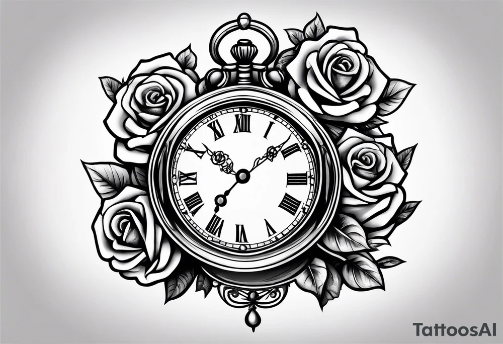 Pocket clock with chain and roses tattoo idea