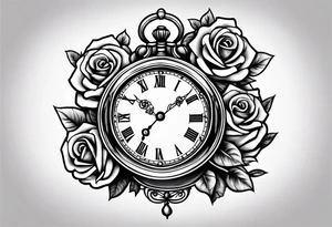 Pocket clock with chain and roses tattoo idea