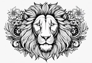 Lion laying own horizontally smiling and a text overlay saying "Welcome" tattoo idea