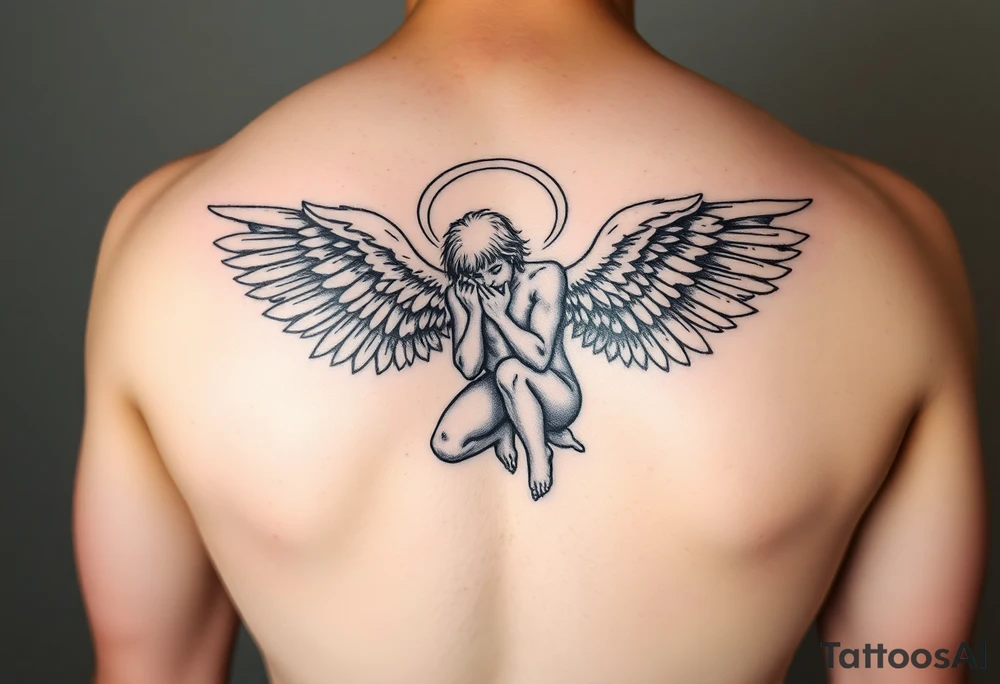 Fallen angel on his knees with wings pointed forward tattoo idea