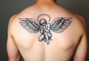 Fallen angel on his knees with wings pointed forward tattoo idea