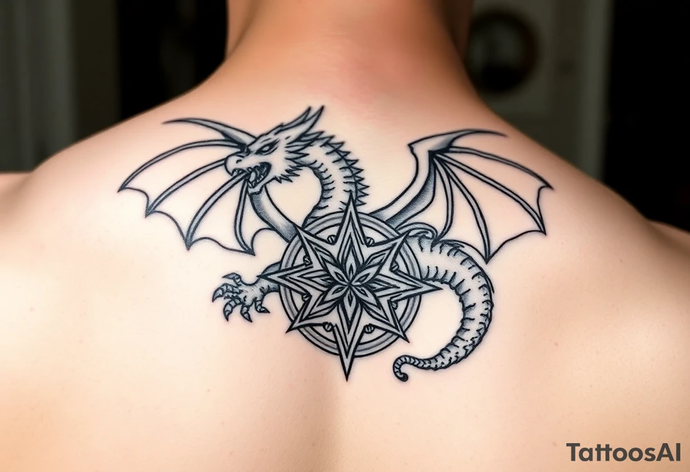 Masculine beautiful realistic dragon with celtic star tattoo idea