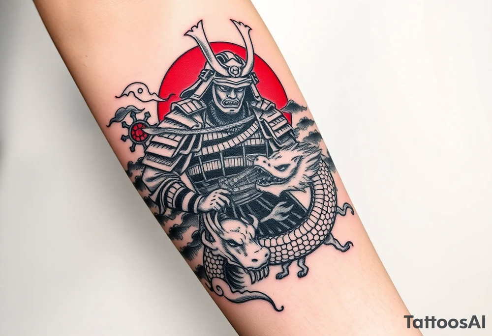 Samurai warrior with traditional armor entangled with a Japanese dragon, mythological elements, flowing composition, black ink tattoo style with red accents, swirling clouds, ornamental Japanese patterns, sketch-style linework, vertical tattoo layout for forearm or sleeve build-out tattoo idea