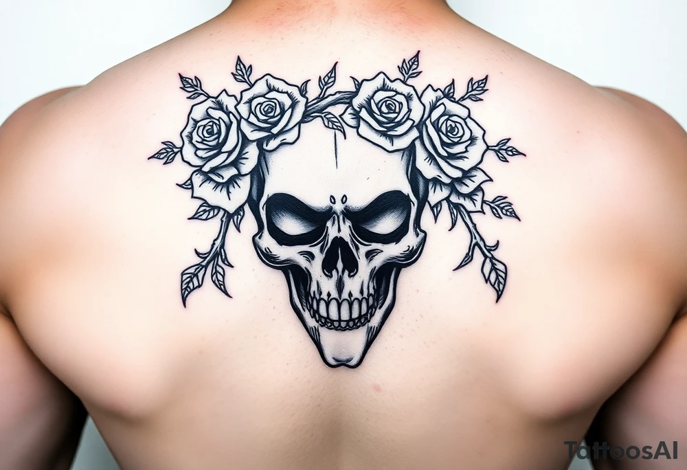 ornate skull adorned with crown of wild roses and thorns tattoo idea