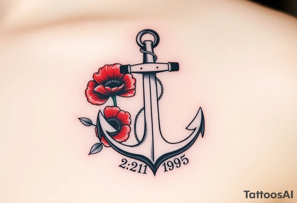 Nautical anchor with red poppy flowers and the date 2-21-1995 tattoo idea