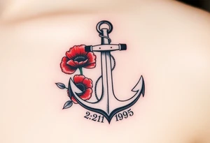 Nautical anchor with red poppy flowers and the date 2-21-1995 tattoo idea