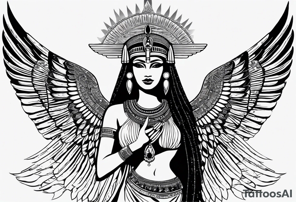 black and white Egyptian goddess Isis, who is often depicted as a woman with outstretched wings, holding an ankh (a symbol of life) in one hand and a lotus flower in the other. Her headdress often includes a throne or a solar disk. The tattoo design can vary in style and size, but it typically aims to capture the essence of this revered Egyptian deity, emphasizing her beauty, power, and maternal qualities. The choice of colors and additional elements can also be customized to create a unique and visually striking representation of the goddess Isis tattoo idea