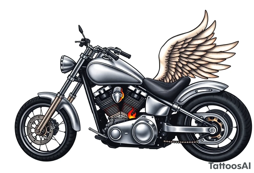 Low rider grey motorcycle, big muffler pipes with flames, angel wings, driving away, no person tattoo idea