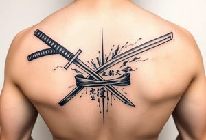 Katana with a black belt and fabled written in korean tattoo idea