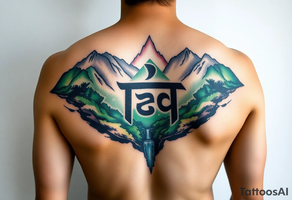 I need to import a photograph as the focal point of the tattoo. The Burmese word သား Inside of a photo the subject of the photo.  The photo surrounded by a colorful green mountainside with a waterfall tattoo idea