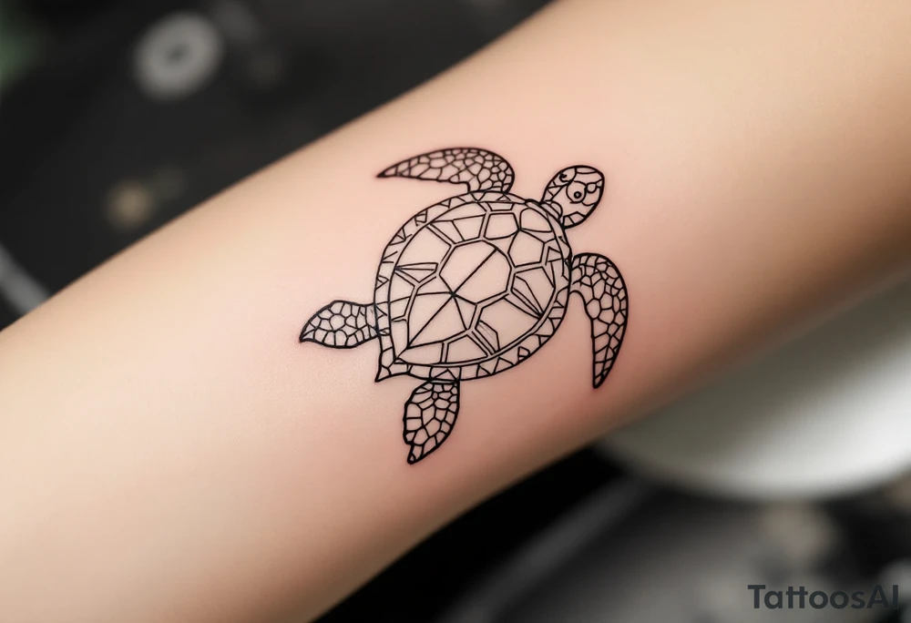 Minimalist fine-line sea turtle – A delicately outlined sea turtle in clean black ink, featuring simple, flowing lines with soft curve details on the shell and flippers. The shell is subtly patterned with geometric or mandala-style elements, creating a calm, elegant, and peaceful ocean-inspired design. tattoo idea