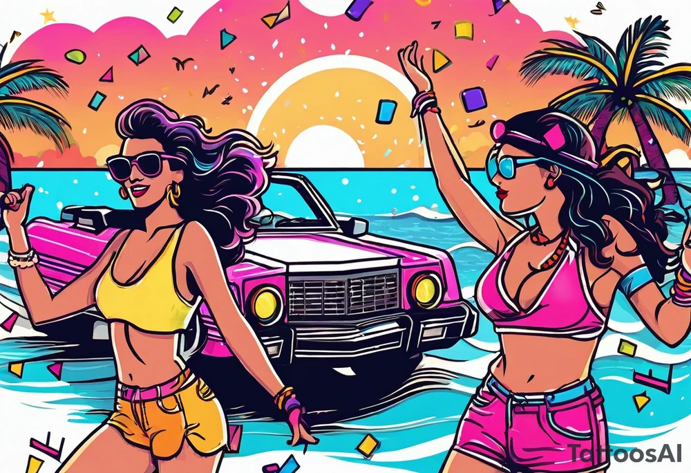 1980's style dance party with boom box and confetti in a beach theme. include people in 80's miami beach clothes, music note. tattoo idea