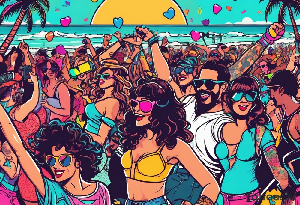 1980's style dance party with boom box and confetti in a beach theme. include people in 80's miami beach clothes, music note. tattoo idea