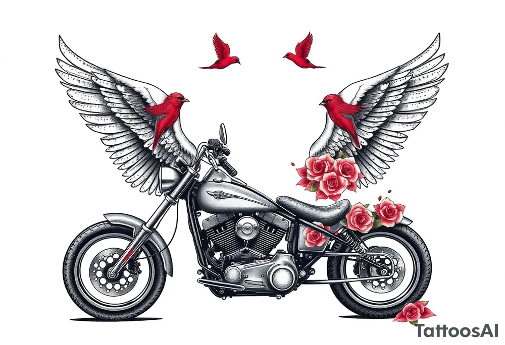 Harley grey motorcycle driving away, two red birds flying, roses, flames, angel wings tattoo idea