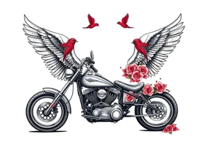 Harley grey motorcycle driving away, two red birds flying, roses, flames, angel wings tattoo idea
