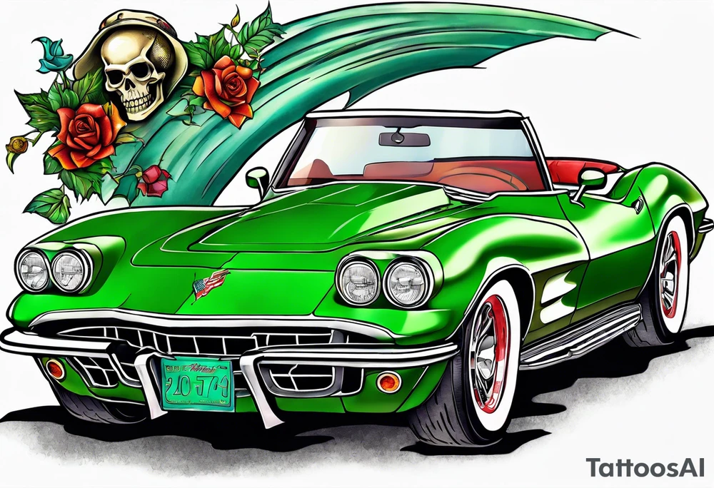 A skeleton, smoking a cigarette and throwing a beer can while driving a green convertible 1976 Corvette tattoo idea