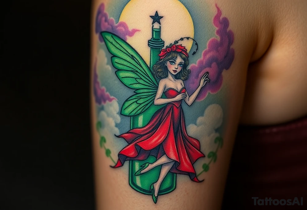 Tim Burton’s kelly doty pin up style Vintage Parisian elegant and hauntingly beautiful yet eerie full body absinthe Green Fairy dances outside her victorian crystal decatur she was once inside this elaborate ornate bottle absinthe bottle Absinthe Art Nouveau   and dripping with muted reds, dusty pinks, and eerie green glow.purple and cyan smokey clouds swirl in the crescent moonlit sky thats sprinkled with stars tattoo idea