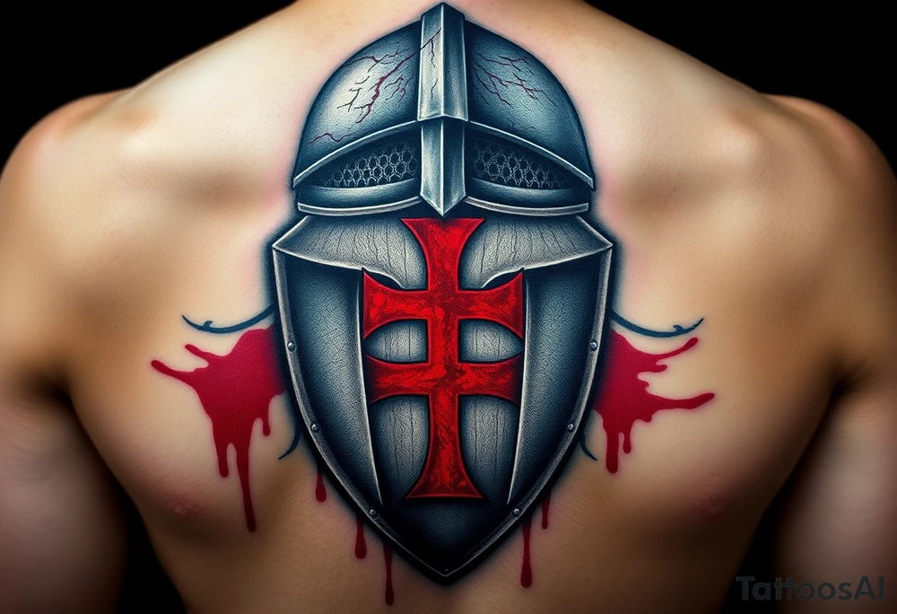 A black and silver medieval helmet with battle scars, resting on a bloodstained Templar shield with a bold red cross at its center tattoo idea