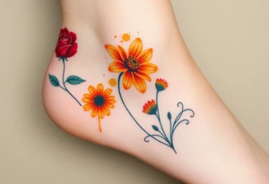 a colorful, vibrant, watercolor tattoo with one red rose, one orange lily, one gold marigold, and one orange cosmos flower and with splashes of color tattoo idea