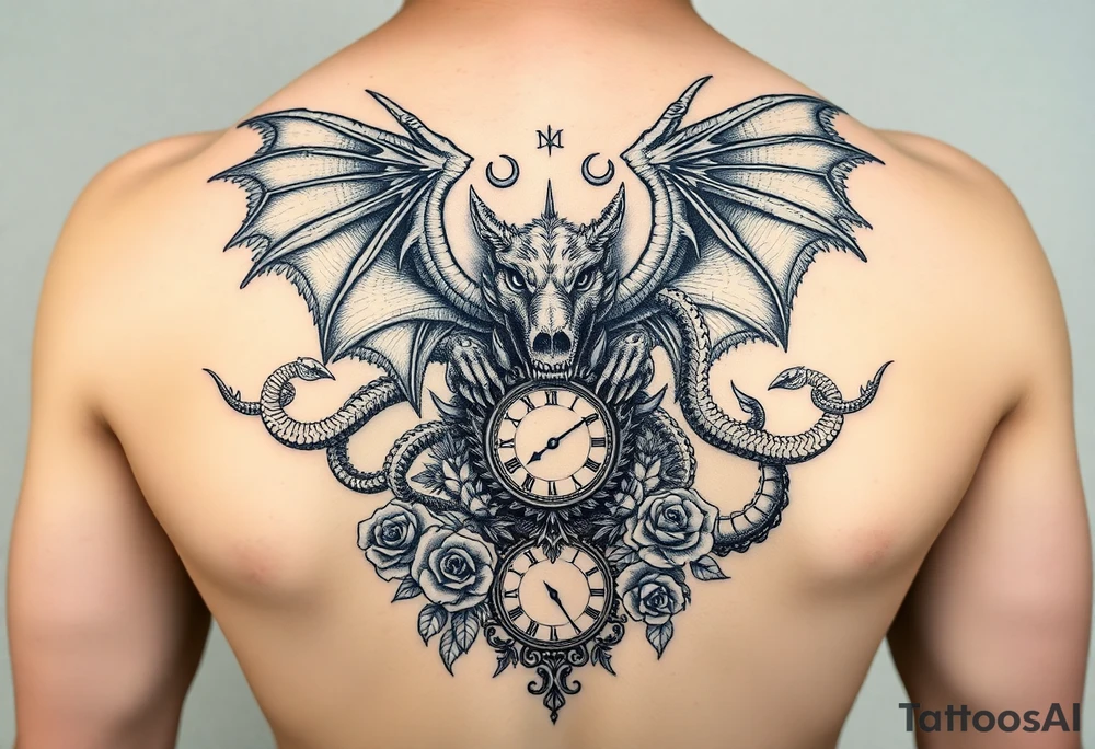 highly designed dragons wings intertwined with snakes down arms connected to a wolf head and skull going down back with Latin words surrounding and a clock and many roses all around tattoo idea
