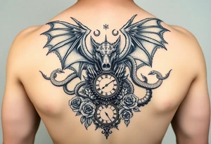highly designed dragons wings intertwined with snakes down arms connected to a wolf head and skull going down back with Latin words surrounding and a clock and many roses all around tattoo idea