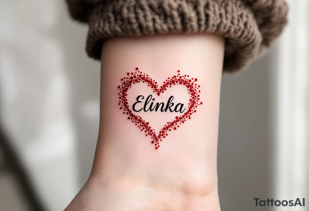 A delicate red heart with the name Elinka written in flowing script across the center. tattoo idea