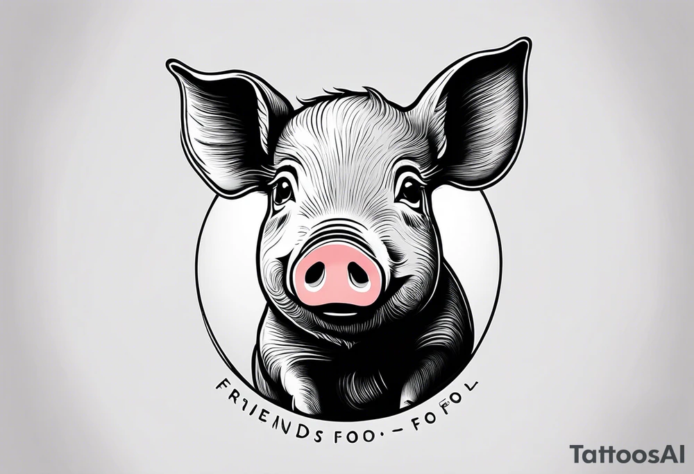 minimalist tattoo of a cute pig or piglet that contains text: "friends. not food" 

only very thin lines. no shading. black and white only tattoo idea